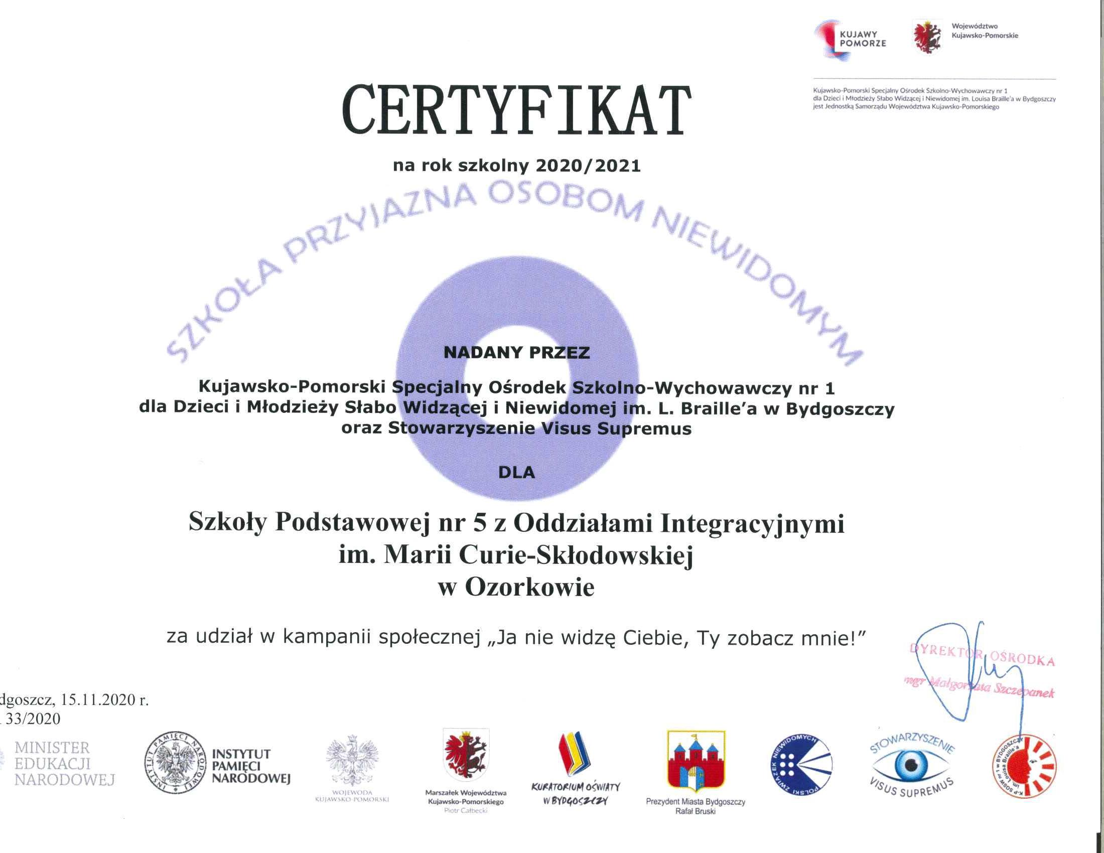 Certyfikat na rok szkolny 2020/2021 Szkoła Przyjazna osobom Niewidomym